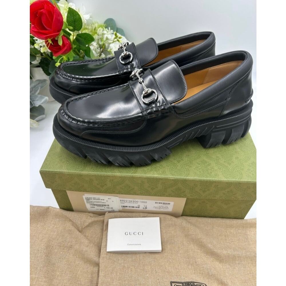 Men's Gucci Men's Black Leather Horsebit Lug Sole Loafers size 12 made in Italy - Picture 3 of 12